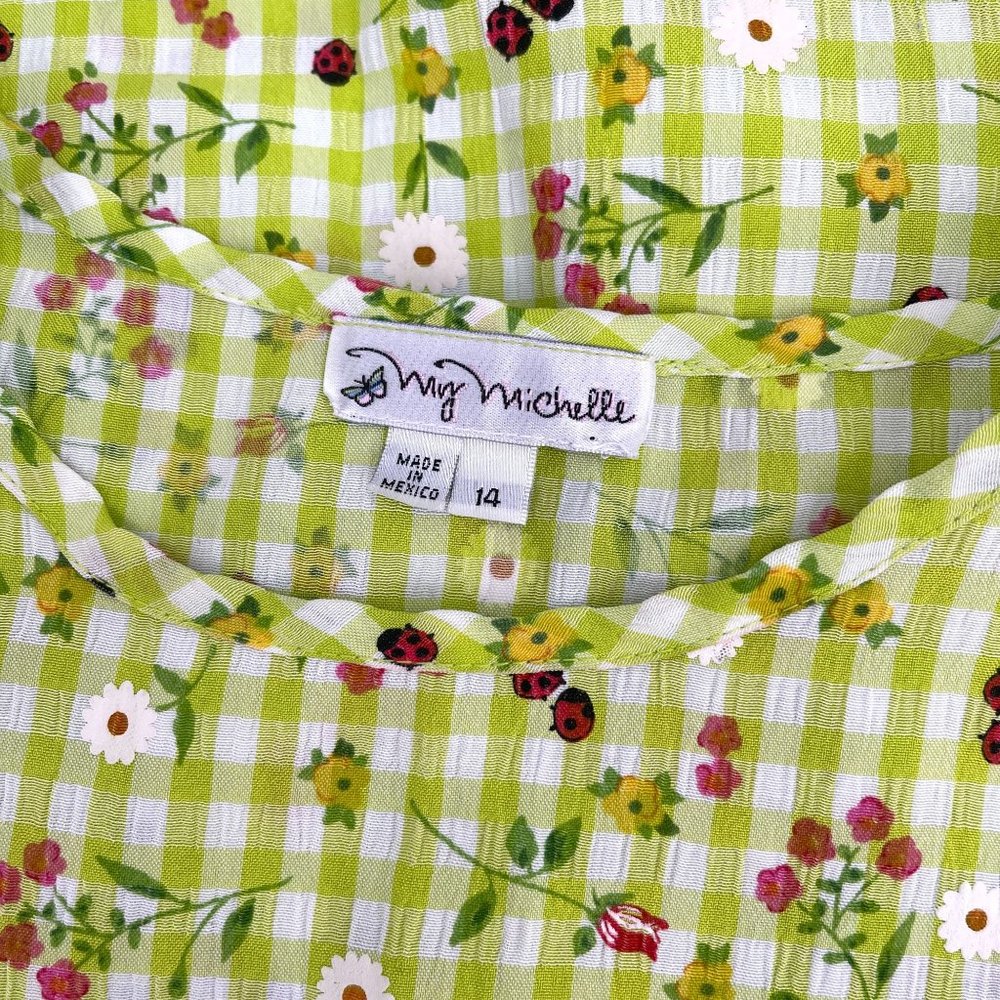 Corset Back Vintage 90's Green Ladybug Picnic A-Line Dress with Criss Cross - Picture 8 of 8